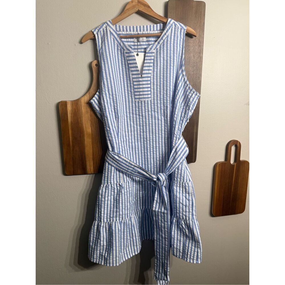 UNTUCKit Blue White Striped Seersucker Sleeveless Tiered Roxanna Dress Sz 18 NWT